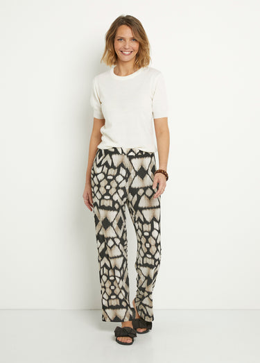 Pantalon large fluide imprimé ethnique Beige/Noir