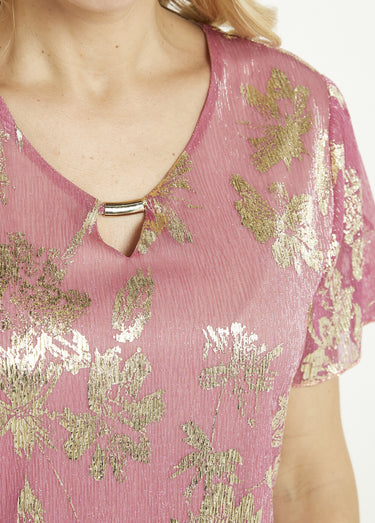 T-shirt court imprimé feuillage doré Rose