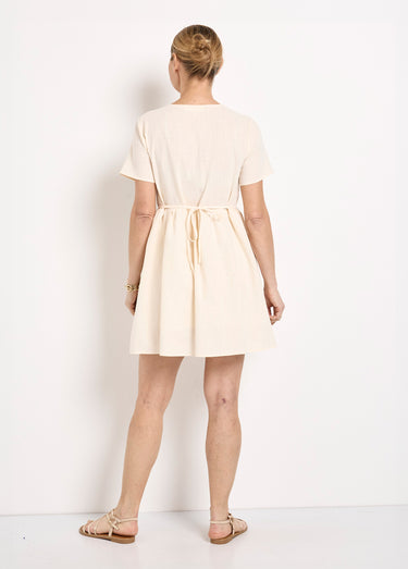 Robe coton boutonnée broderies fleurs Blanc