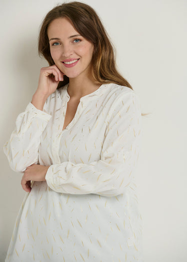 Tunique motifs col V boutonné manches 3/4 Blanc