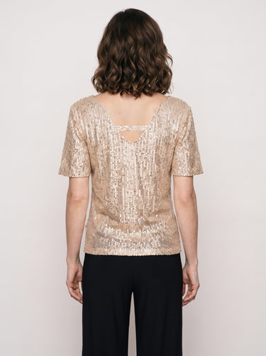 T-shirt sequins, col V devant et dos Beige Dore