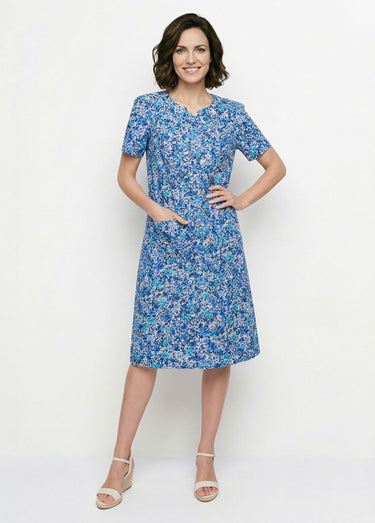 Robe-tablier mi-longue imprimée Turquoise/Marine