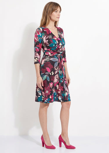 Robe cache-coeur courte évasée imprimé fleurs Imprime Fuchsia