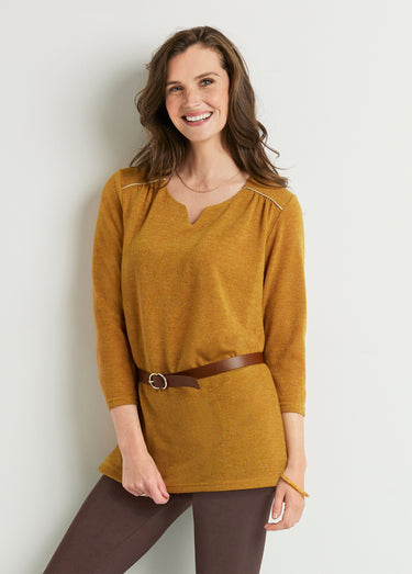 T-shirt long évasé manches 3/4 col rond Uni Miel