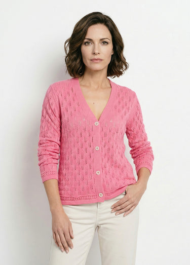 Cardigan col V boutonné ajouré uni coton Rose