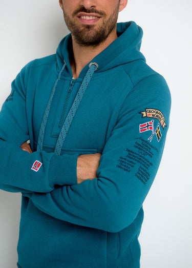 Sweat à capuche demi zip manches longues Bleu Petrole