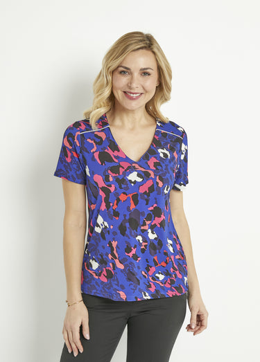 T-shirt col V manches courtes motif léopard Bleu/Fuchsia