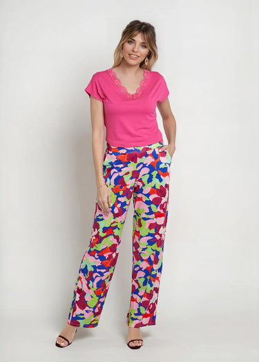 Pantalon fluide stretch, motif fleuri pop Rose imprimé