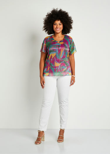 T-shirt court imprimé feuillage doré Fuchsia/Vert