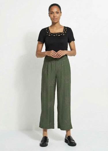 Pantalon large élastiqué brodé feuillage Kaki