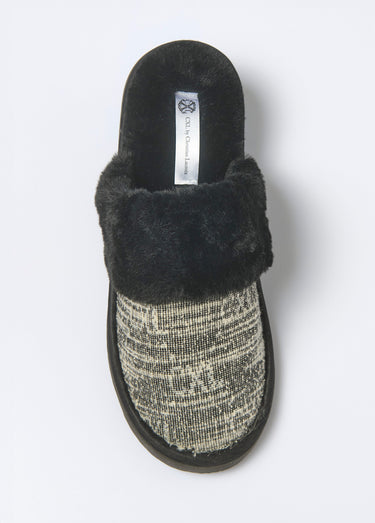 Chaussons mules bord fourrure motif logo Noir