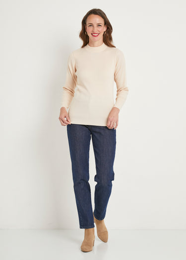 Pull court col montant maille côtelée Beige