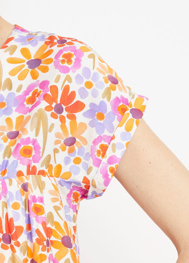 Robe fleurie, détail dos forme  goutte Orange/Violet