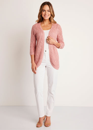 Gilet long ajouré coton manches 3/4 Rose Poudre