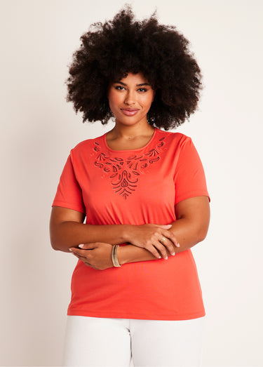 T-shirt court brodé manches courtes Orange