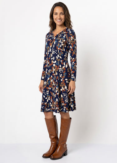 Robe courte évasée feuilles maille chaude Bleu / Écru