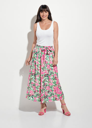 Jupe longue plissée fleurie fentes côtés Vert/Rose