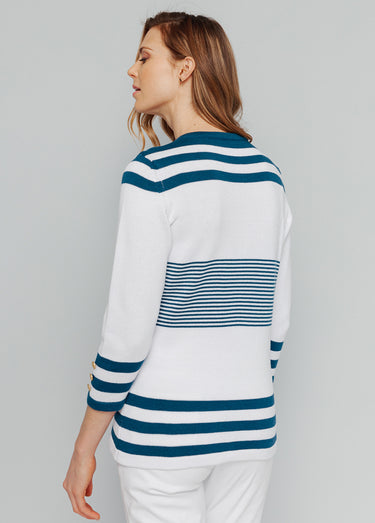 Pull rayé manches 3/4 coton Raye Bleu