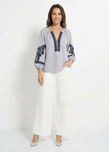 Blouse rayée avec broderies feuillages Bleu