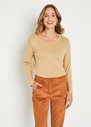 T-shirt marinière court coton manches longues Uni Camel