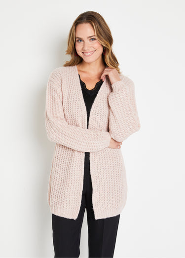 Gilet long uni bord à bord grosse maille Beige Rose
