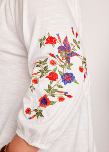 T-shirt long brodé manches 3/4 Blanc