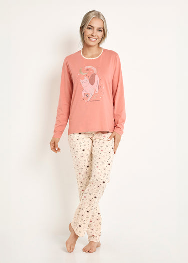 Pyjama pantalon manches longues coton Terracotta/Ecru