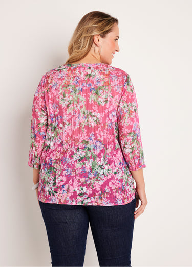 Tunique ample manches 3/4 fleurie Fond Fuchsia