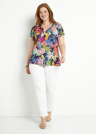 T-shirt ample col V imprimé feuilles manches courtes Marine/Rose