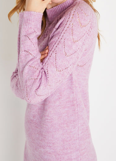 Robe-pull courte tricot ajouré col rond Lilas