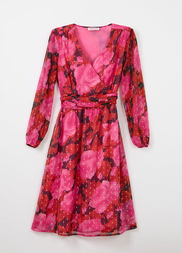 Robe cache-coeur courte voile imprimé motifs dorés Rouge/Noir