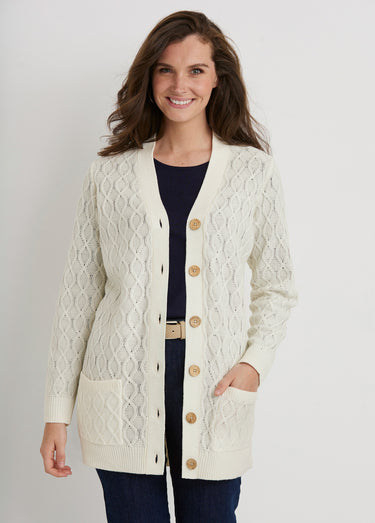 Gilet long boutonné torsades col V Ecru