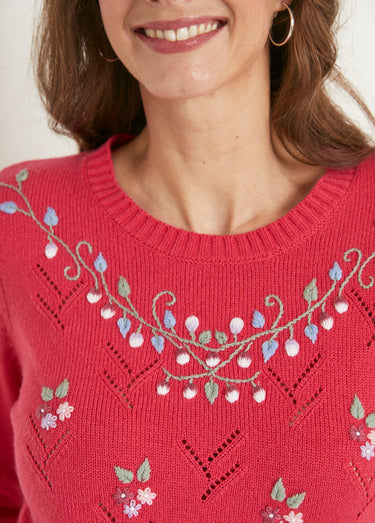 Pull doux uni brodé ajouré col rond Rose