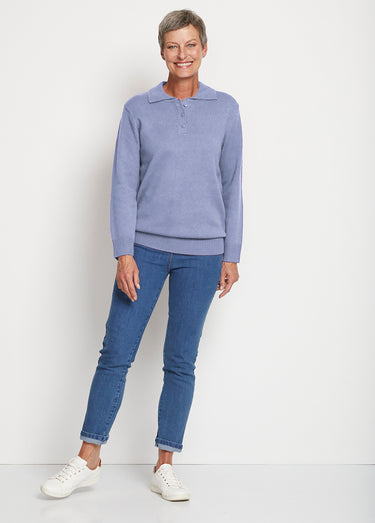 Pull col polo maille épaisse Bleu