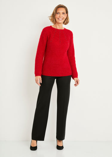 Pull doux maille poilue col rond perlé ajouré Rouge