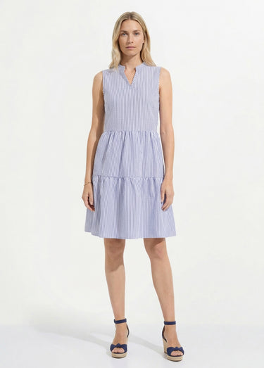 Robe seersucker rayé sans manches volantée Bleu / Blanc