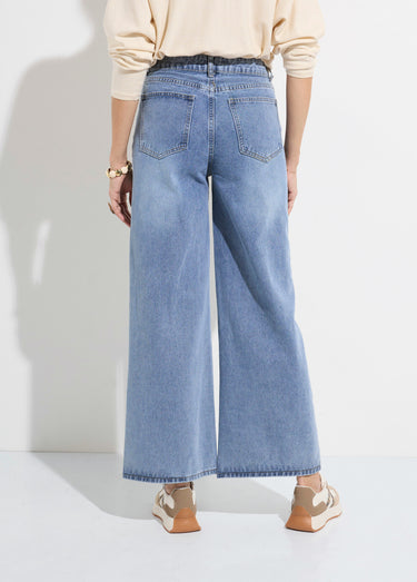 Jean 5 poches large denim broderies cœur Stone