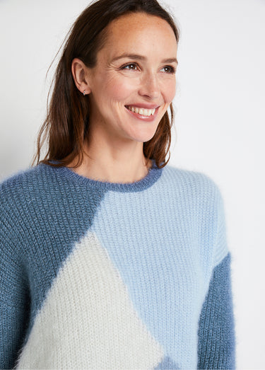 Pull doux colorblock maille poilue Bleu / Écru