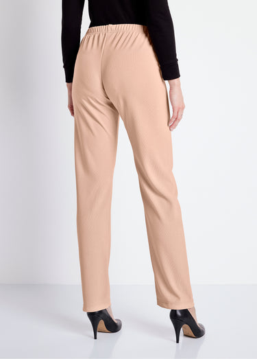 Pantalon droit taille élastiquée maille côtelée Beige