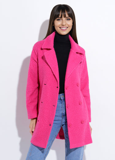 Caban long uni façon laine bouclée Fuschia
