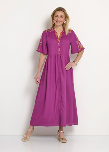 Robe longue boutonnée avec  broderies Violine