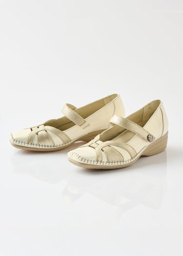 Ballerines largeur confort cuir scratchées Beige Dore