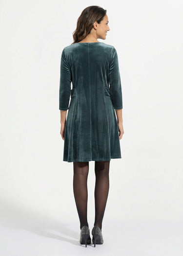 Robe en velours col rond, taille marquée Vert