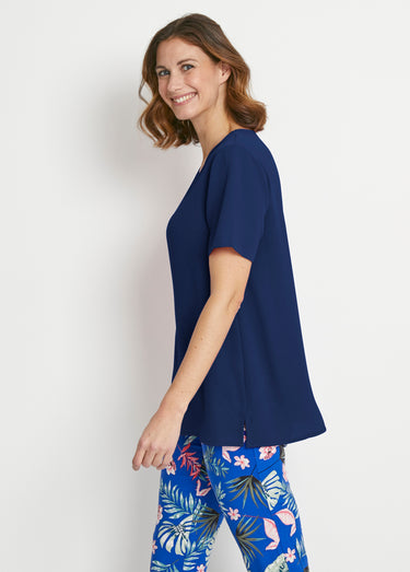 Tunique ample mi-longue en tissu crêpe Uni Marine