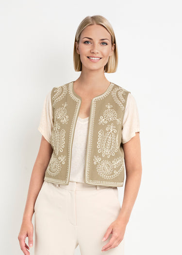 Gilet sans manches brodé style scandinave Kaki