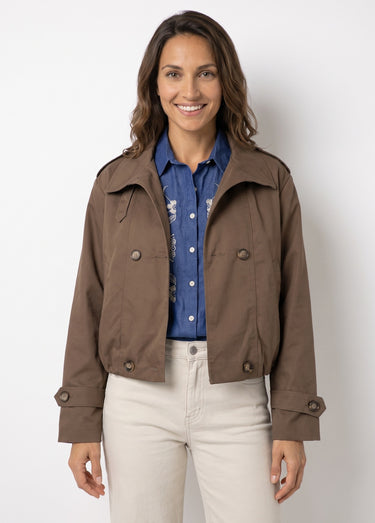 Trench court boutonné, taille bouffante Chocolat