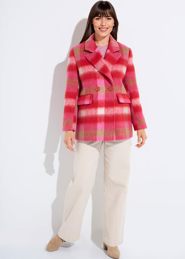 Manteau caban chaud tissu carreaux laine Carreaux Rose
