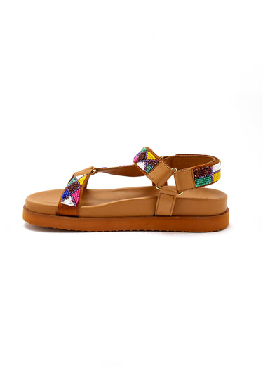 Sandales semelle ergonomique brides avec perles Marron