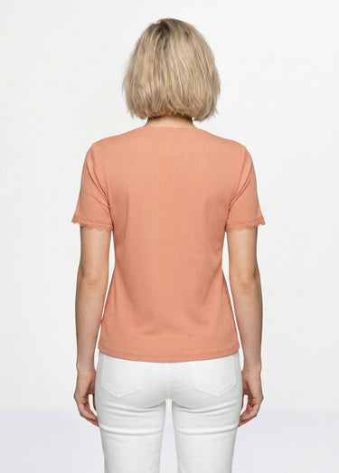 T-shirt col V fines côtes dentelle manches courtes Saumon