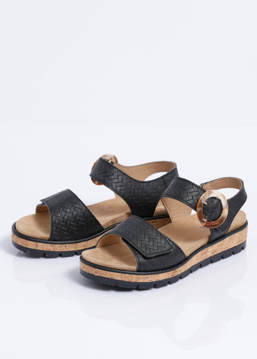 Sandales compensées cuir effet tressé ouverture totale Noir